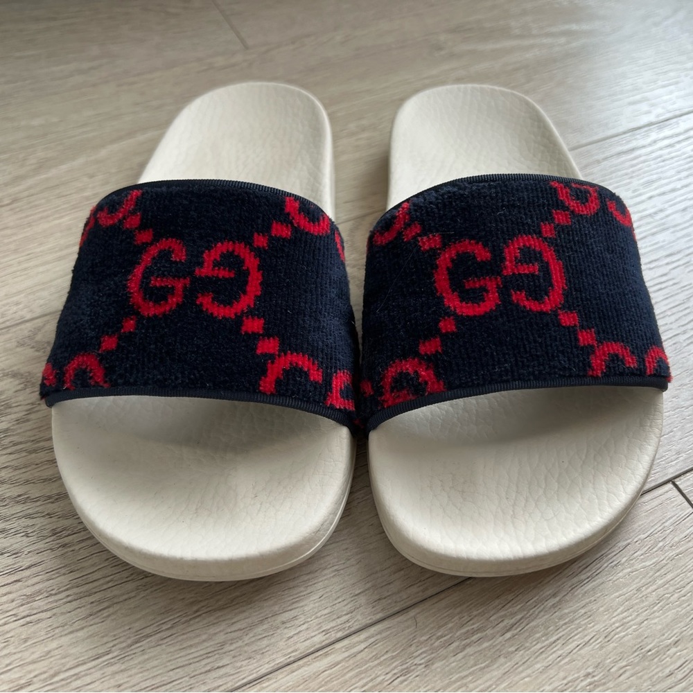 GUCCI GG TERRY CLOTH SLIDE NAVY RED SIZE 36